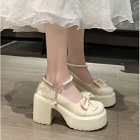 Lolita Giày Búp Bê Nữ,Cao gót 7 phân,Giày búp bê cao gót  trắng và đen