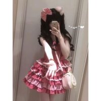 Lolita Lolita kem bánh công chúa Đầm ngọt ngào màu hồng chấm bi eo hẹp khâu ren lông tơ.../ Hạt 251.6