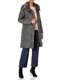 LONDON FOG Women's Chevron Coat London Fog Faux Fur Trimmed Hood