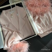 Lông Băng Tuyết Lụa Bộ Đồ Ngủ Nữ Xuân Thu Extravagant Satin Loungewear Cảm Giác Cao Cấp Có Thể Mặc Bên Ngoài