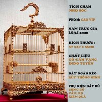 Lồng chim chào mào phom vuông cao, chạm Nho Sóc, bản đặc biệt gỗ Cẩm Vàng indo siêu già.