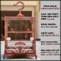 Lồng chim chào mào, vuông cao, gỗ Trắc Đỏ chạm Chim Hoa, nan thủy tinh đen 1,6mm siêu bền