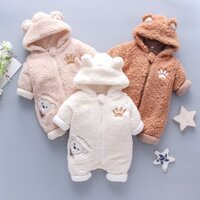 Lông cừu dày và ấm thêu hình gấu dễ thương Thân gấu bông bé có dây kéo dày áo hoodie thêu gấu hoạt hình dễ thương