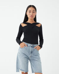 Long Sleeve Penélope Cross Rib Top - Black