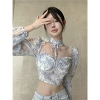 Long-sleeved spring hot girls show waist floral top French bubble women's wooden ear edge shirt lace-up chiffon new TGSI