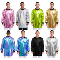 Loodgao Nam Thời Trang Kim Loại Sáng Bóng Áo Thun Đầm Cổ Tròn Tay Dài Viền Nơ Rời Thẳng Đầm Cho Hộp Đêm Crossdress