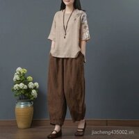 Loose Plus Size Quần Áo Nữ Trung Niên Mẹ Mùa Hè Vải Lanh Thêu Cotton Vải Lanh Top Nữ Tay Ngắn T