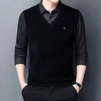 [Lớp lót chất lượng cao] Áo len cổ áo sơ mi nam phong cách mới 2025 Áo len cổ hai mảnh giả cao cấp Chenille