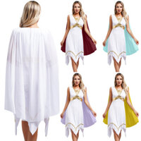 Lorilida Nữ Cổ Hy Lạp La Mã Cosplay Đầm Dài Tay Áo Vàng Viền Bất Đối Xứng Viền Tunic Đầm Halloween Khiêu Vũ Trang Phục