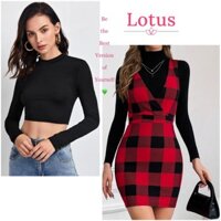 [Lotus] Đầm Yếm Phối Áo Croptop Đẹp/ Váy Kẻ Sọc Caro Màu Đỏ Đen Sang Trọng/ Áo Thun Nữ Tay Dài Cổ Tròn Ôm Body Tôn Dáng