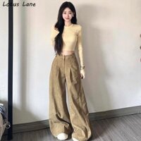 Lotus Lane Nữ Maillard Kaki Quần Jean Ống Rộng Lau Dụng Cụ Rời Giảm Béo Và Thẳng Chuông-Bottom Quần