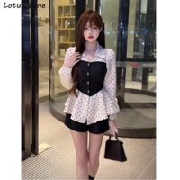 Lotus Lane Pháp Polo Cổ Chấm Bi Áo Sơ Mi Nữ Tính Khí Eo Kiểm Soát Top