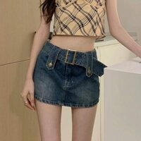 [LOU57] Chân váy jean denim cạp cao phong cách retro có quần lót trong