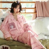 Louislife Thời Trang Nhà Ve Áo Hoạt Hình Mèo Dài Tay Quần Dài Bộ Đồ Ngủ WSD