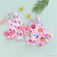 LOVELY-Kids Girls One-Piece Swimwear, Sleeveless Doughnut/Ice Cream Printed Large Bowknot Ruffled Triangle Bathing