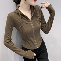 LOVI SHOP- Áo khoác croptop tay dài chất thun gân tăm mềm có nón nhiều màu