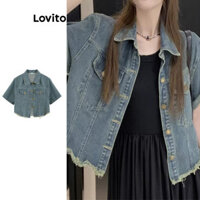 Lovito Áo khoác denim viền thô trơn đơn giản cho nữ LNM70230