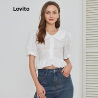 Lovito Áo sơ mi tay phồng dễ thương cắt tỉa rau diếp L24AD140 (Trắng)