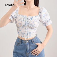 Lovito Áo sơ mi tay phồng xếp ly hoa cà vạt phía trước dành cho nữ L121AD1070