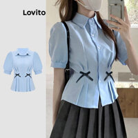 Lovito Áo sơ mi xếp ly phía trước nơ trơn dễ thương dành cho nữ  L122AD004