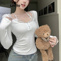 Lovito Áo thun ren nơ trơn thông thường cho nữ LNA41047