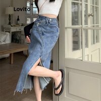 Lovito Casual Plain Split Zipper Pencil Midi Denim Váy dành cho nữ LNE09203 (Xanh dương)