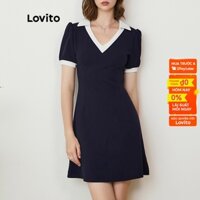 (Lovito Premium) Đầm trơn màu giản dị Colorblock V có cổ vẽ lại L24AD071 (Xanh đậm)