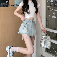 Lovito Quần short denim bất đối xứng trơn đơn giản cho nữ LNE66508