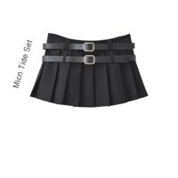 Low Waist Women's American Style Waist Loop Sweet Belt Double Waist Pleated Skirt Ultra Short Cool Style Black Skirt Anti-Exposure GYMM