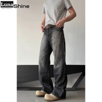 LS Quần jean nam, đen bẩn, mực bắn tung tóe, cũ, dáng rộng, sờn, quần thẳng hơi loe