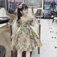 LS_DN313 Đầm gấm hoa xanh cổ vuông cho bé gái