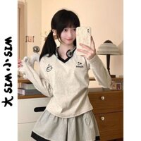 Lsyx Dễ Thương Hello Kitty In Chữ Dài Tay Nữ Phong Cách Hàn Quốc Màu Sắc Tương Phản Cổ Chữ v Áo Thun Ngọt Ngào Phong Cách Cô Gái Slim-fit Phong Cách Ngắn