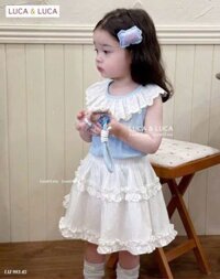 LU 983 - Set áo sát nách thun tăm màu xanh phối cổ ren trắng + chân váy thô trắng size 2 - 12y