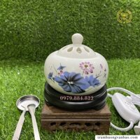 Lư điện xông trầm hương có đế gỗ liền họa tiết hoa sen hồng | Lò điện xông trầm hương sen hồng