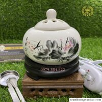 Lư Điện Xông Trầm Hương họa tiết hoa đen có đế gỗ liền có hẹn giờ | Lò điện xông trầm hương hoa đen