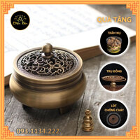 Lư Đồng Đốt Trầm Hương - hoạ tiết nắp hoa xoắn - combo lư 3 chân  trầm nụ