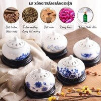 Lư xông trầm dùng điện, có 2 mẫu họa tiết hoa sen và rồng, dùng để đốt bột trầm hương, trầm miếng, giác trầm