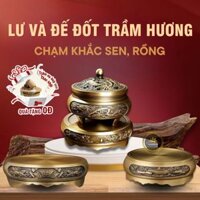 Lư xông trầm hương đồng thau tinh luyên 8h lên ánh kim Tramvn99 bộ lư đồng hoa sen khắc hình sen và đế đôn đồng sen