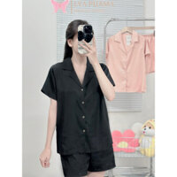 LỤA XƯỚC 5D Bộ đồ ngủ nữ Pijama cộc tay quần đùi 2 màu trơn đen hồng, vải lụa mềm mại êm ái không nhăn LYA PIJAMA