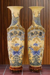 Lục Bình Bát Tràng men vàng cuốn thư Phúc Lộc Thọ 1m4 đường kính 42cm đắp nổi kênh bong hàng kỹ | Quà Tặng Bố lục bình Bát Tràng