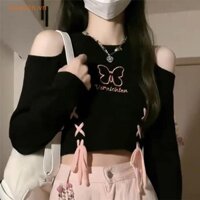 Lucaiitn Cô Gái Cay Gợi Cảm Retro Bướm Thêu Vai Nữ Crop Áo Len VN