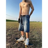 【luckin men's】quần bigsize，quần short ống rộng nam，quần đùi thể thao nam，quần ngố nam，quần jean ống rộng，Quần Short Denim Dáng Rộng Thiết Kế Mới Thời Trang Mùa Hè Theo Phong Cách Đường Phố，quần jeans，quần nam，quần thời trang，xanh lam，đồ bộ nam