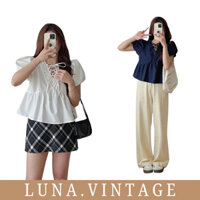 Luna Vintage Áo babydoll đũi buộc nơ chéo ulzzang tay bồng siêu hot, áo nữ kiểu dáng Hàn Quốc