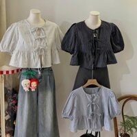 Luna Vintage Áo babydoll kẻ buộc nơ tay bồng bo chun siêu hot, áo nữ kiểu dáng Hàn Quốc