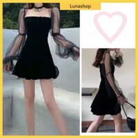 Luna🌼Đầm🍄gothic đen váy dài tay váy ren dự tiệc gợi cảm phong cách hàn quốc