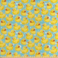 Lunarable Duckies Fabric by The Yard, Bath Bubbles Background with an Assortment of Sketch Style Rubber Toys, Decorative Satin Fabric for Home Text...