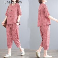 Lunazap Bộ Đồ Ngủ Nữ, Quần Áo Thun Kẻ Sọc Ngắn Tay, Quần Dạo Phố Đơn Giản Váy Ngủ Rời Áo Sơ Mi Hai Mảnh Bộ Đồ Mùa Hè