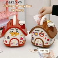 Lunazap Phim hoạt hình DIY Coin Bank, Nhãn dán dung tích lớn House Piggy Bank, Tiền mặt kỹ thuật số Mini có khóa chìa khóa Hộp an toàn Hộp đựng tiền trẻ em Trang trí nhà cửa