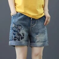 Luo Quần Short Co Giãn Eo Rách Quần Short Denim Nữ Phong Cách Mới Cao Cấp Rời Thẳng Thường Ngày Retro Thêu Quần Uốn Cong