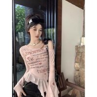 Lưới áo thun trễ vai tay dài nữ áo phông bất đối xứng gợi cảm